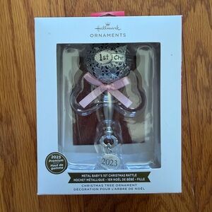 Hallmark Silver Metal Rattle Baby's First Christmas Ornament with Pink Bow 2023